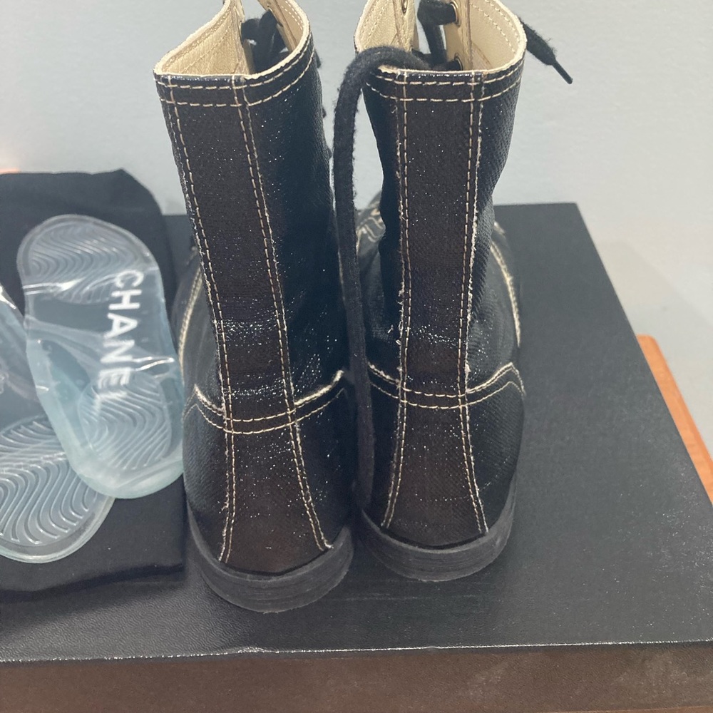 CHANEL Coated Canvas Lace Up Combat Boots 37 Black - Picture 5 of 15
